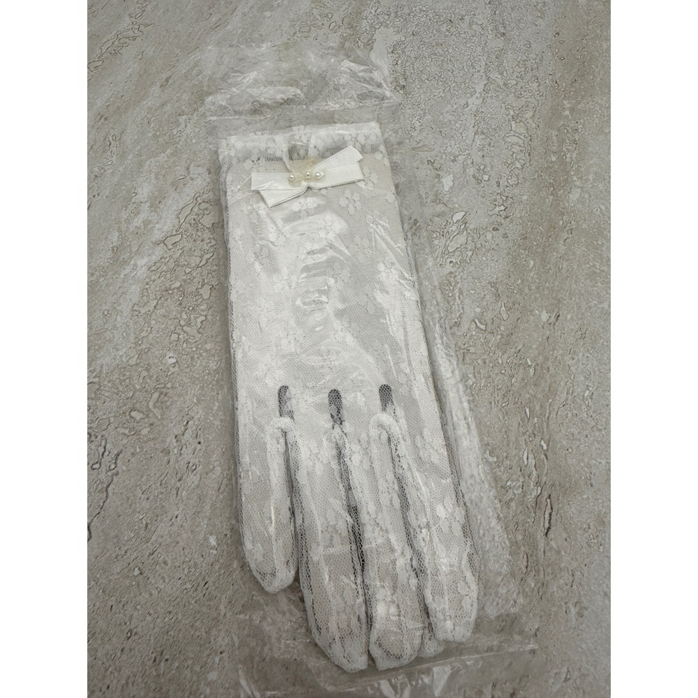Vintage 80s Miss Deb White Lace Bridal Gloves Pearl Sequin Bow NOS Taiwan